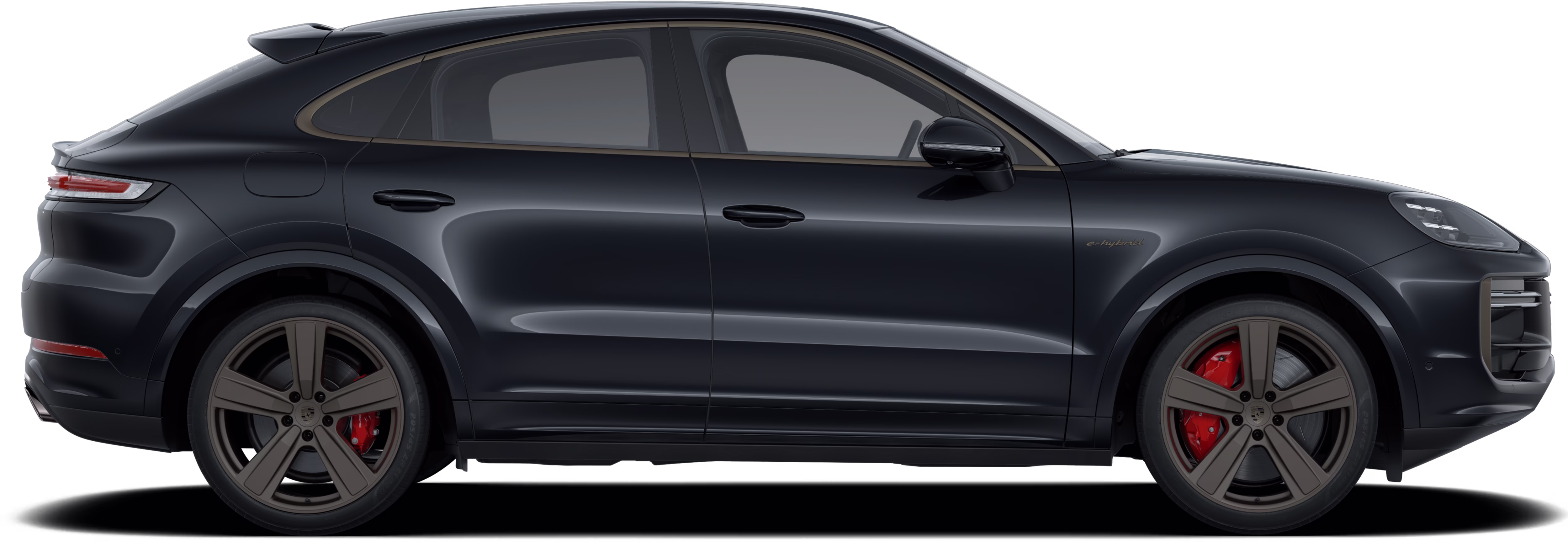 Side shot of a Porsche Cayenne Turbo E-Hybrid Coupé.