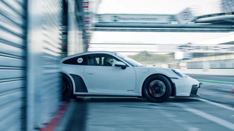 Porsche exiting pit-box on a track day
